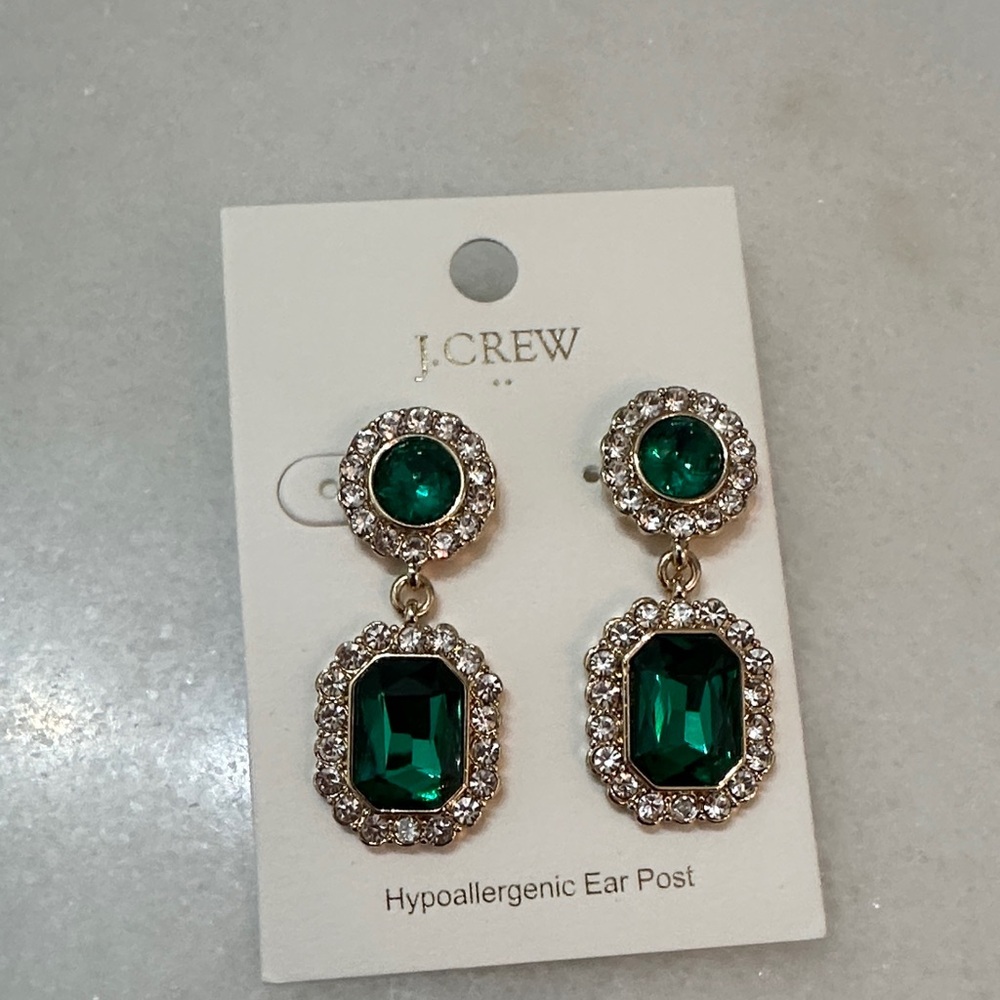 NWT | J. Crew Green and Gold Crystal Earrings